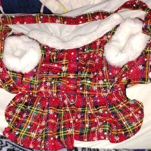 Red Plaid Dog Coat with Faux Fur Trim